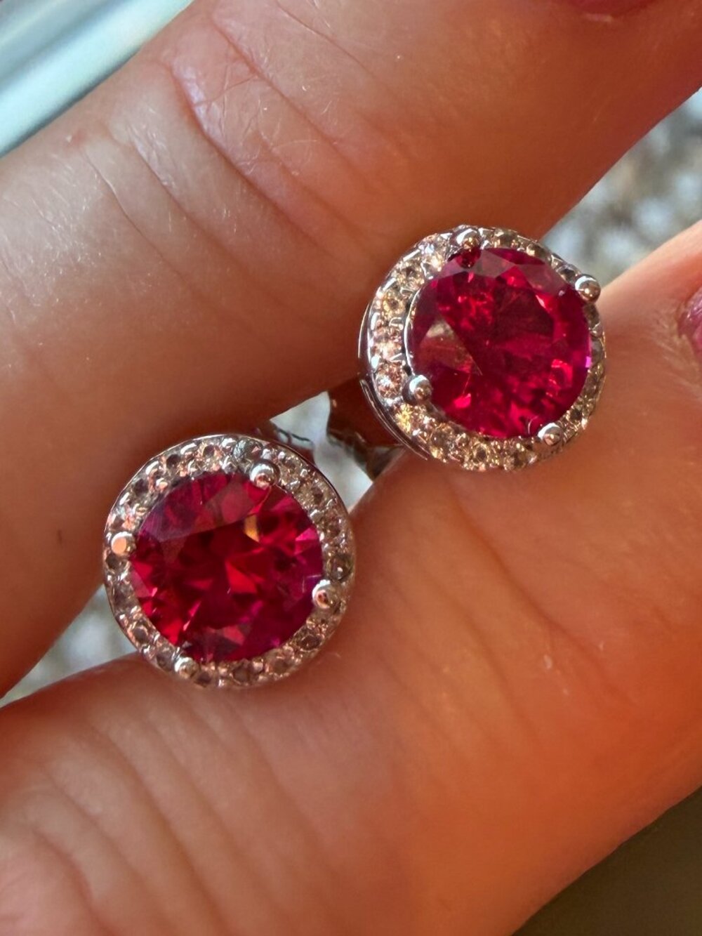 NEW 2.06ctw Lab Created Ruby & Lab Created Sapphire Sterling Halo Stud Earrings
